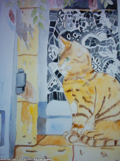 Aquarelle 30 x 20 cm  LE CHAT A LA FENETRE [99.00-5.90]