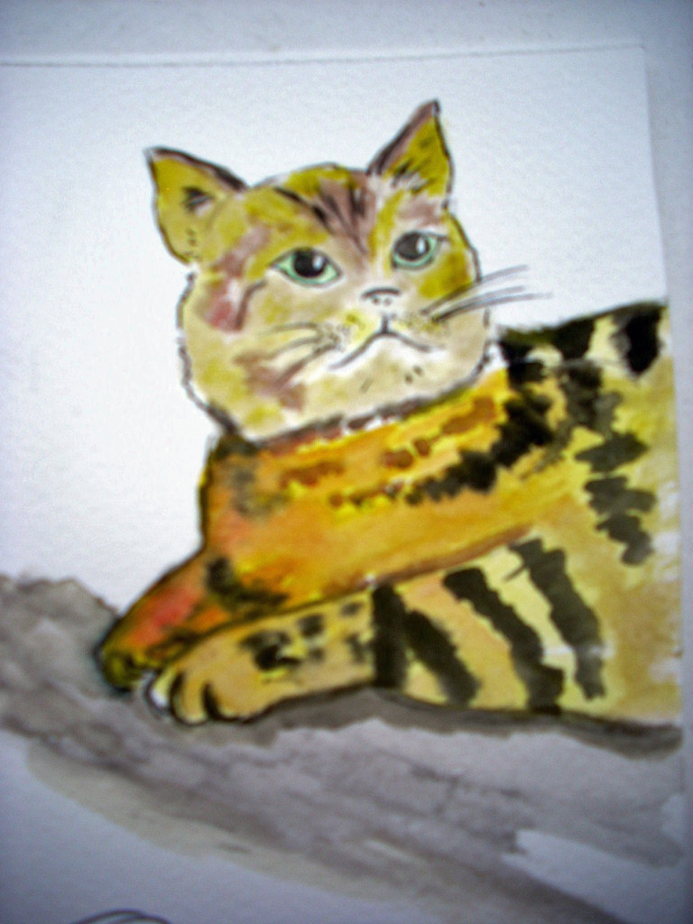 Aquarelle 30 x 20 cm CHAT SUR LA BRANCHE [14.99 - 2.50]